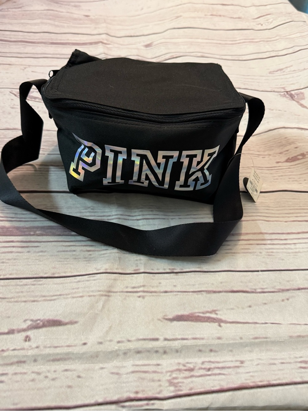 PINK Holographic Logo Black Cooler Bag
